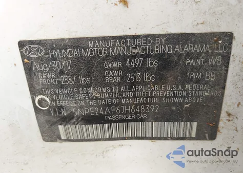 2018 Hyundai Sonata Se z USA, uszkodzony, nr VIN 5NPE24AF6JH648392